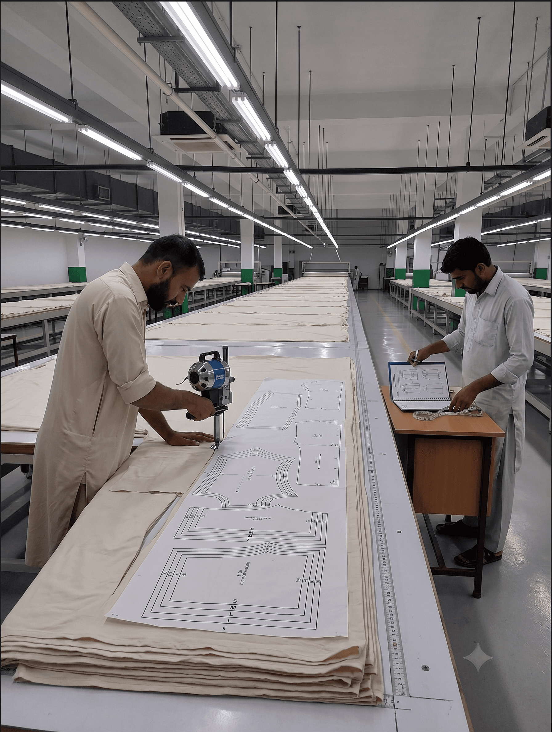 Fabric laid, marked and cut to graded patterns