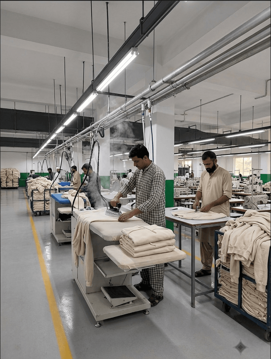 Garments pressed and steamed to their final finish
