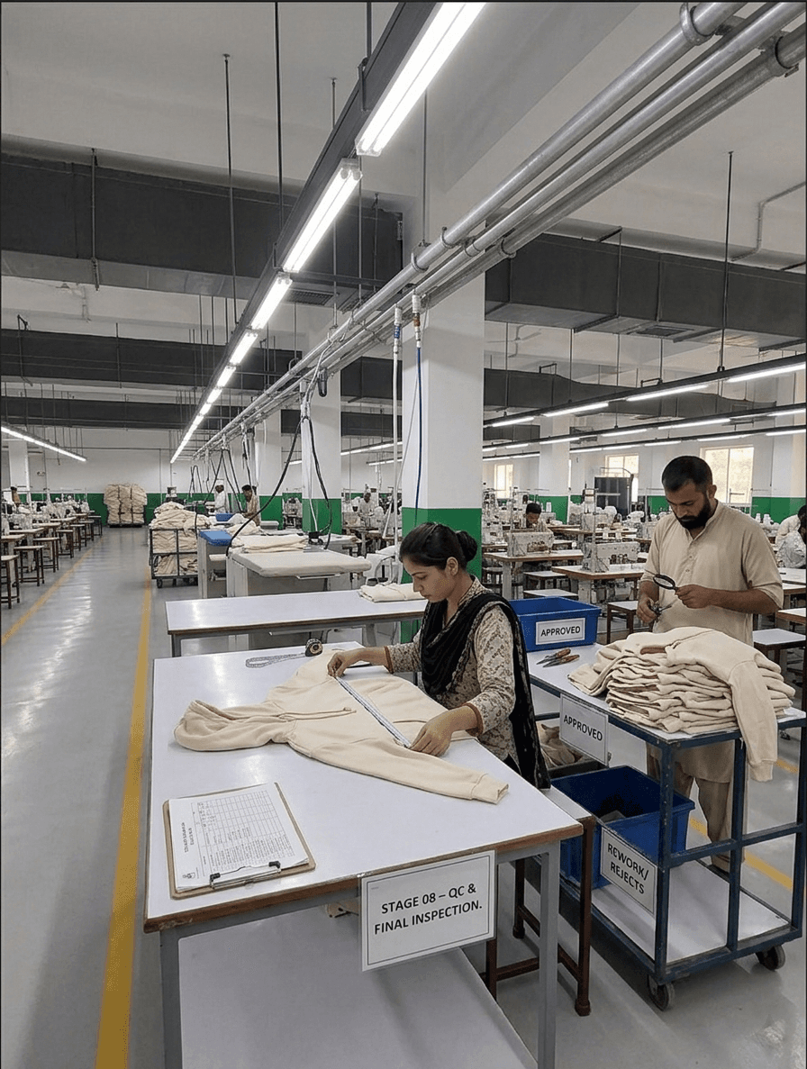 Quality team checking finished garments against the approved specification