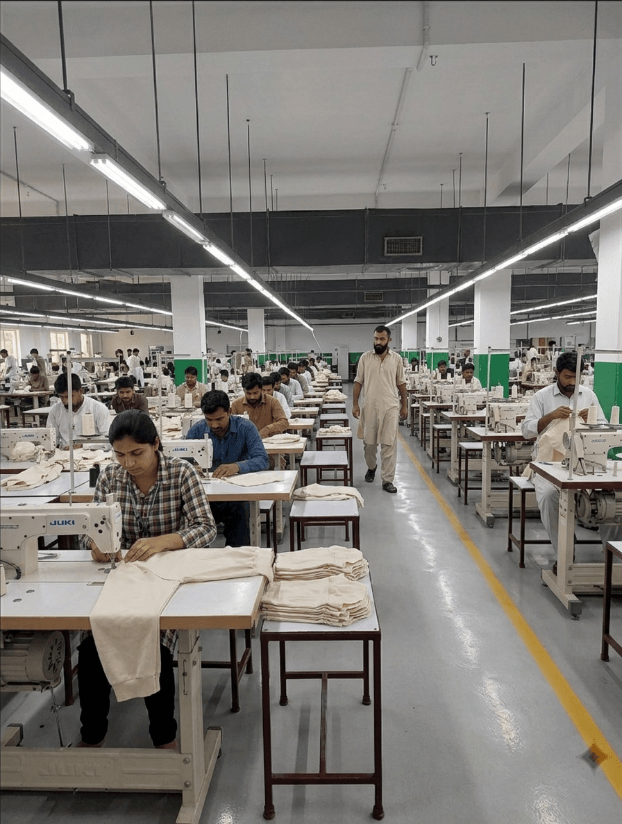 MH Global Attire production floor in Faisalabad with operators at industrial sewing machines